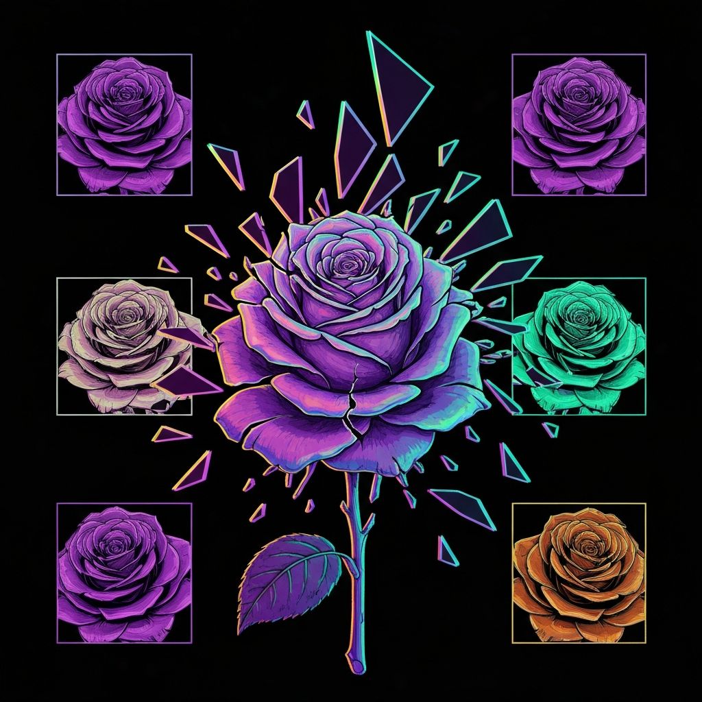 A rose shattering into different stylistic genre variations